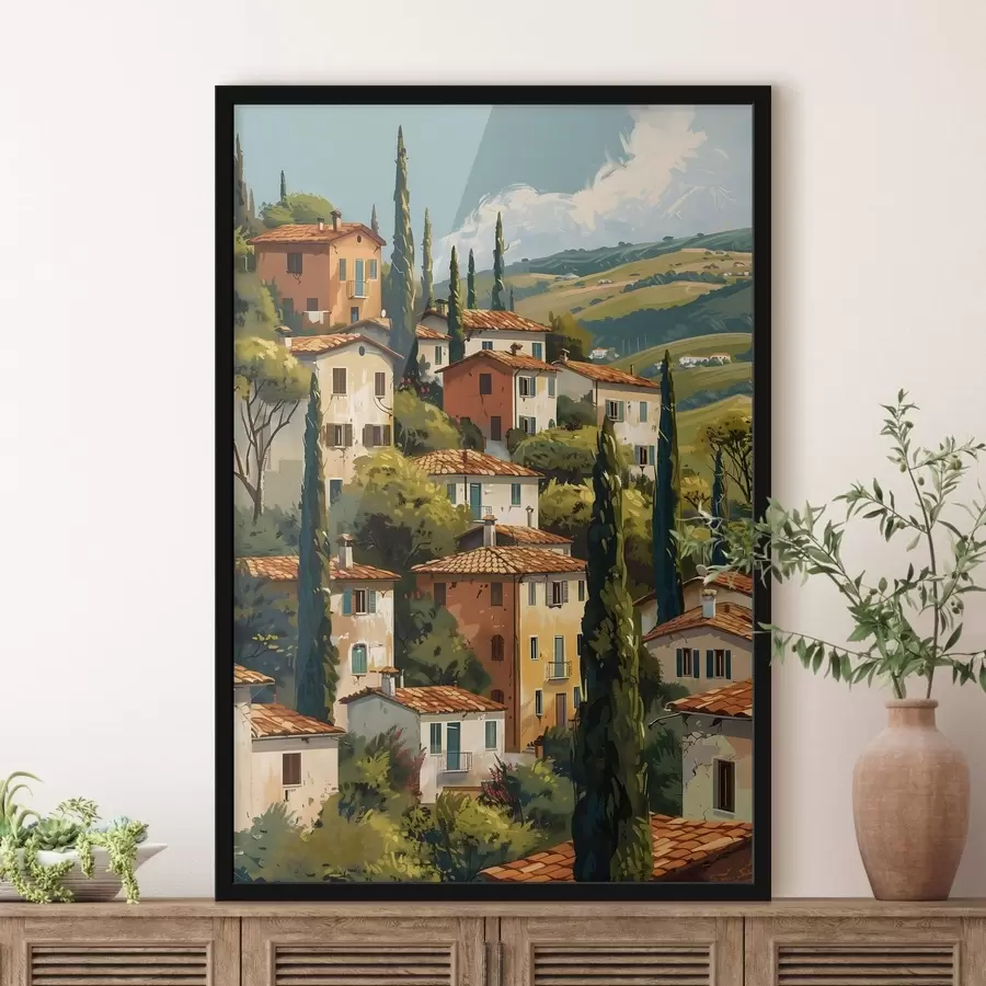 fototapet sat mediteranean situat pe un deal, cu case în culori calde și acoperișuri din teracotă f47950