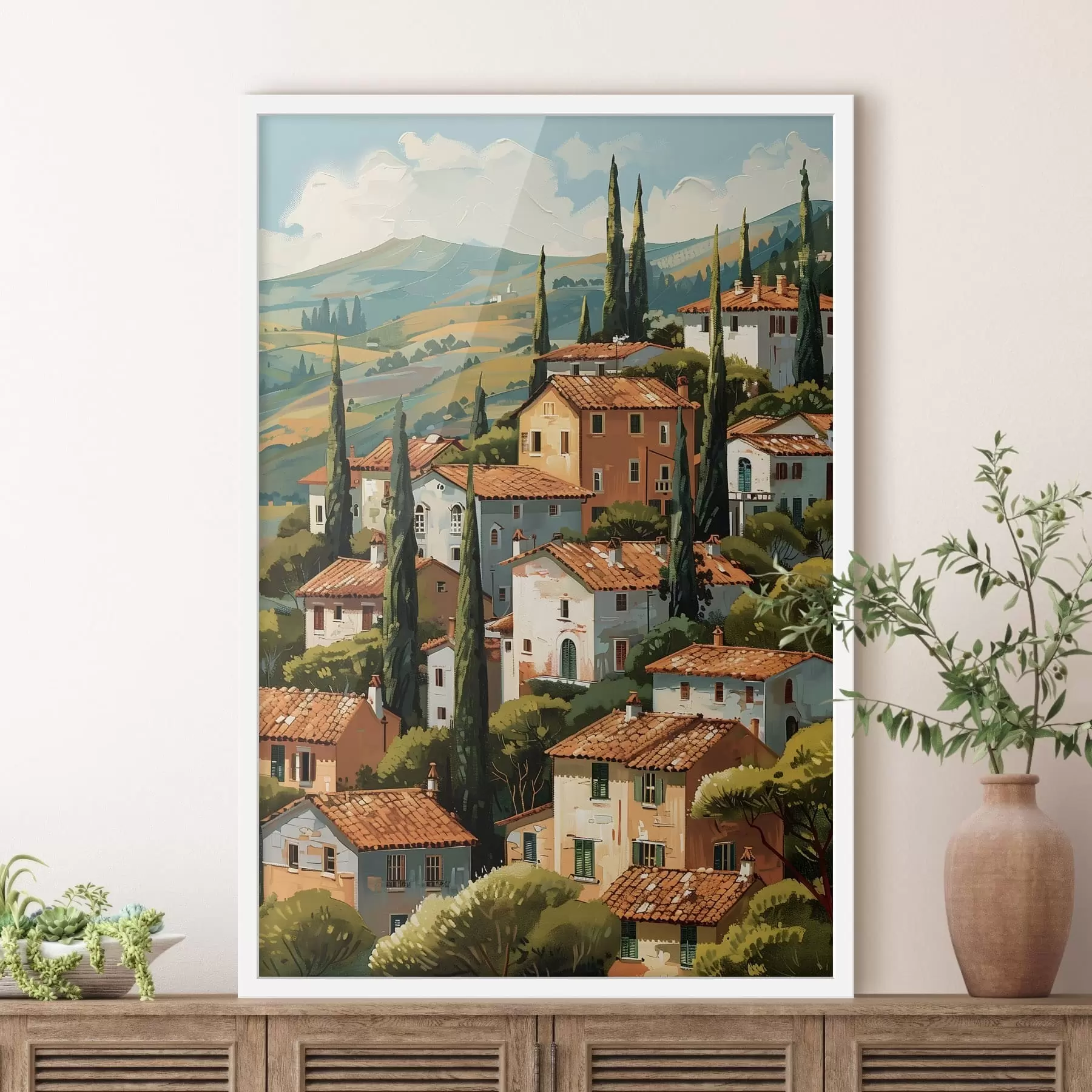 fototapet sat mediteranean situat pe un deal, cu case în culori calde și acoperișuri din teracotă f47951