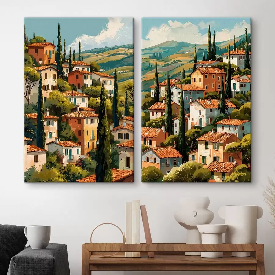 Tablouri sat mediteranean situat pe un deal, cu case în culori calde și acoperișuri din teracotă m30097
