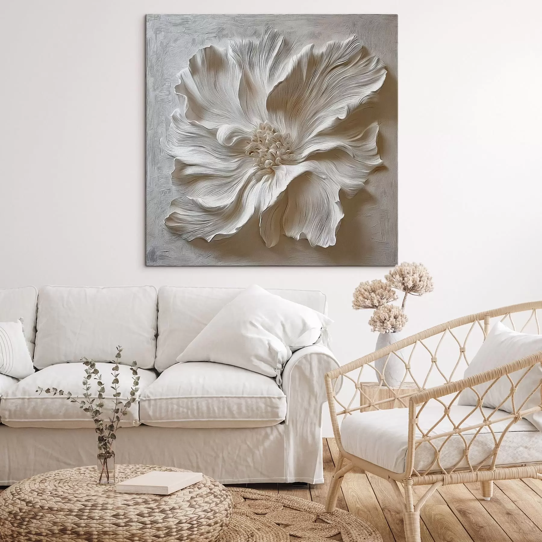 Tablouri sculptură florală în relief din ipsos alb s48065