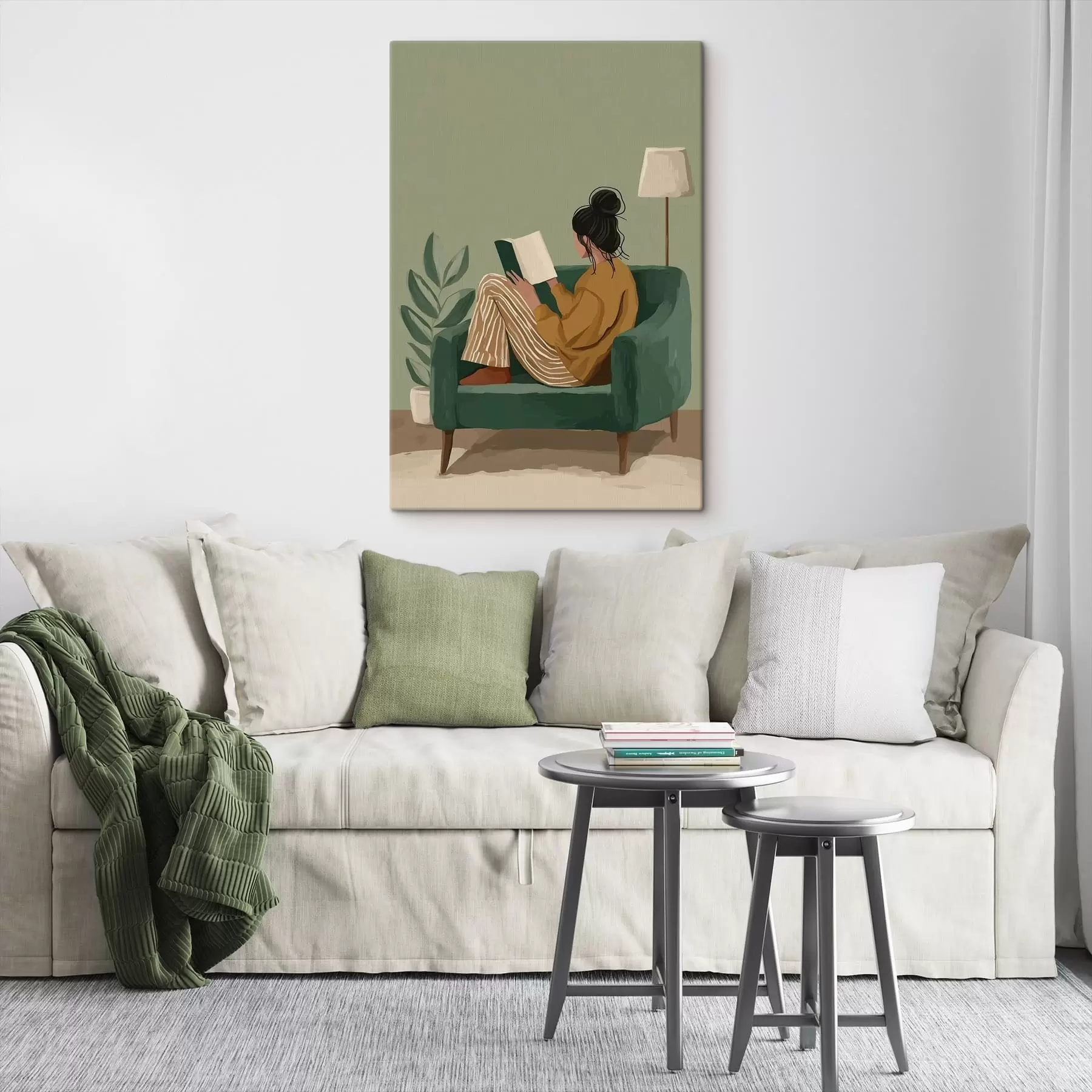 Tablouri ilustrație minimalistă și confortabilă a unei femei așezate într-un fotoliu, citind s48118