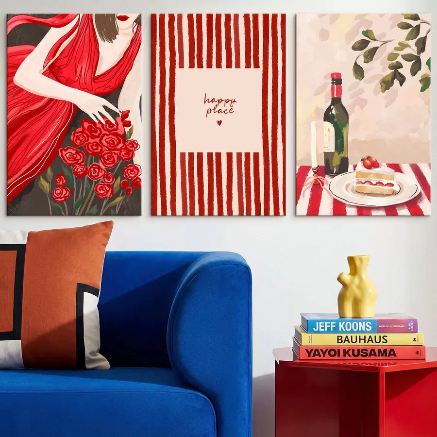 Tablouri Femeie cu trandafiri, poster cu dungi și masă m30099