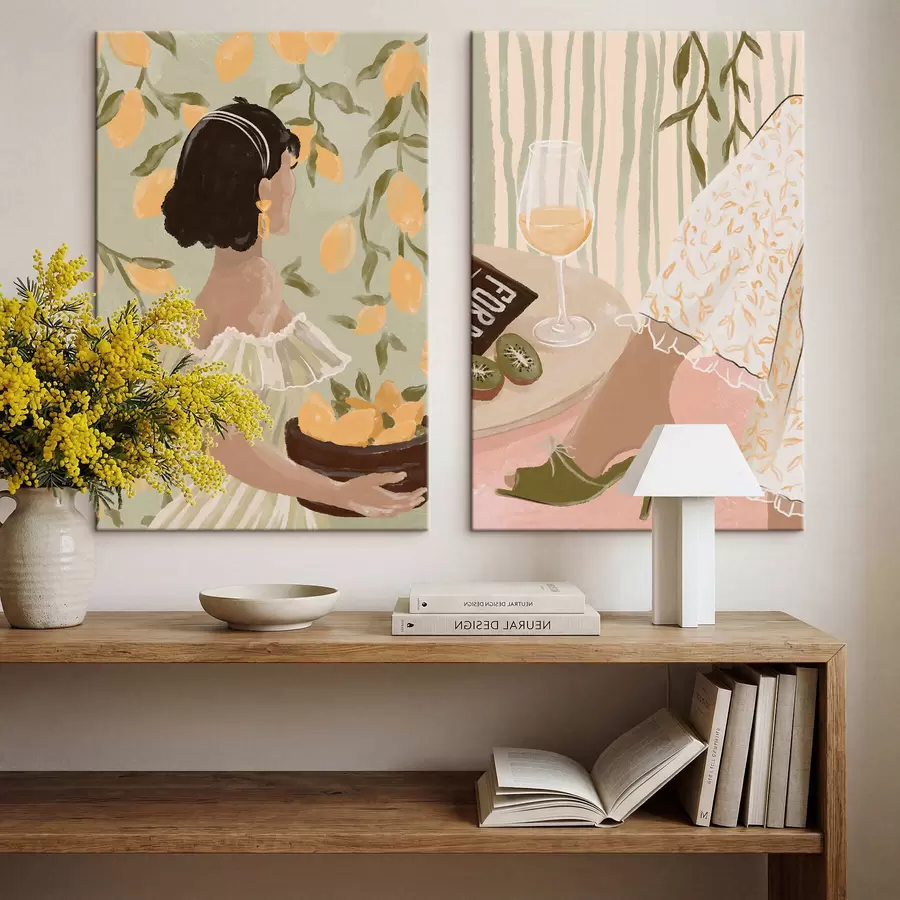 Tablouri Femeie cu lămâi și masă cu pahar m30104