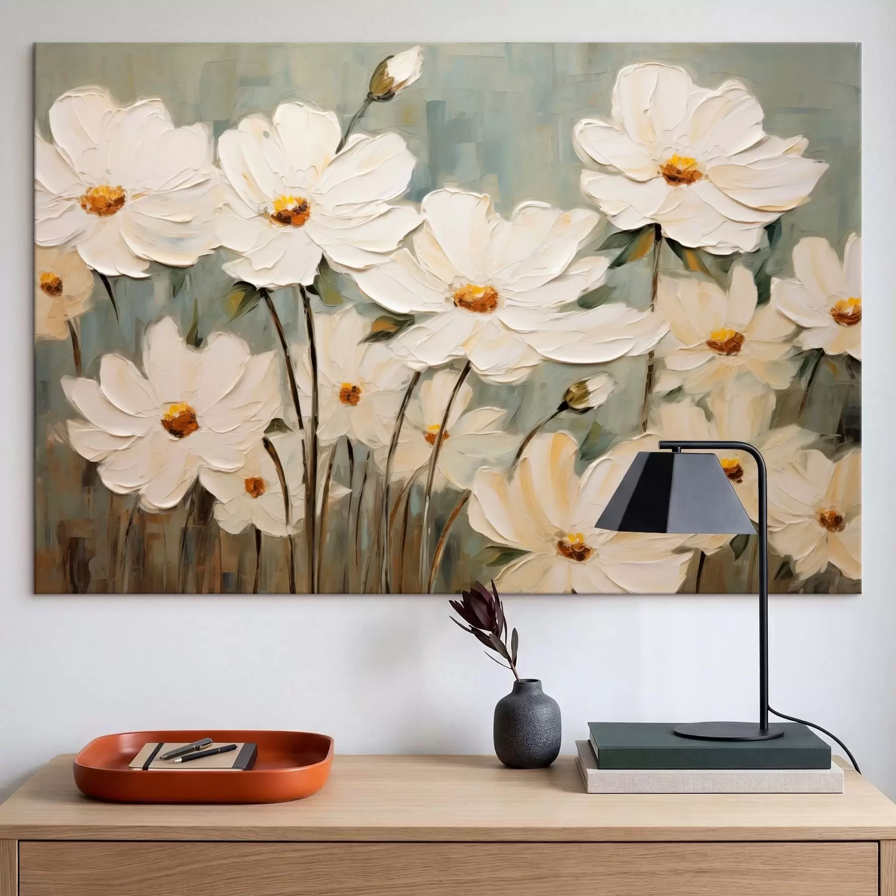 Tablouri Flori albe pe fundal texturat, pensule s48094