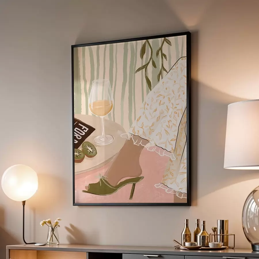 fototapet Masă cu pahar de vin și kiwi lângă rochie f48021