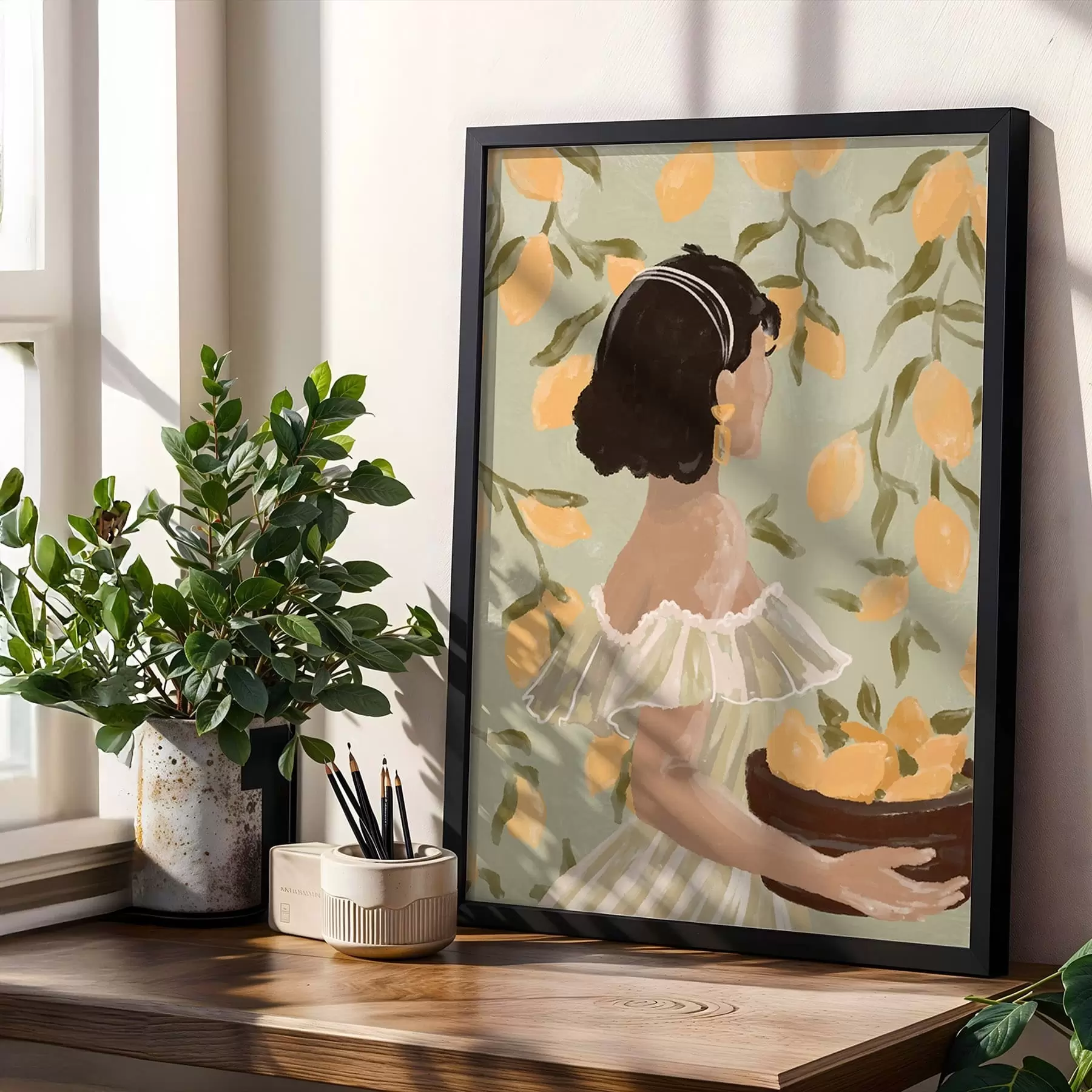 fototapet Femeie ținând un bol cu lămâi prin ramuri f48023