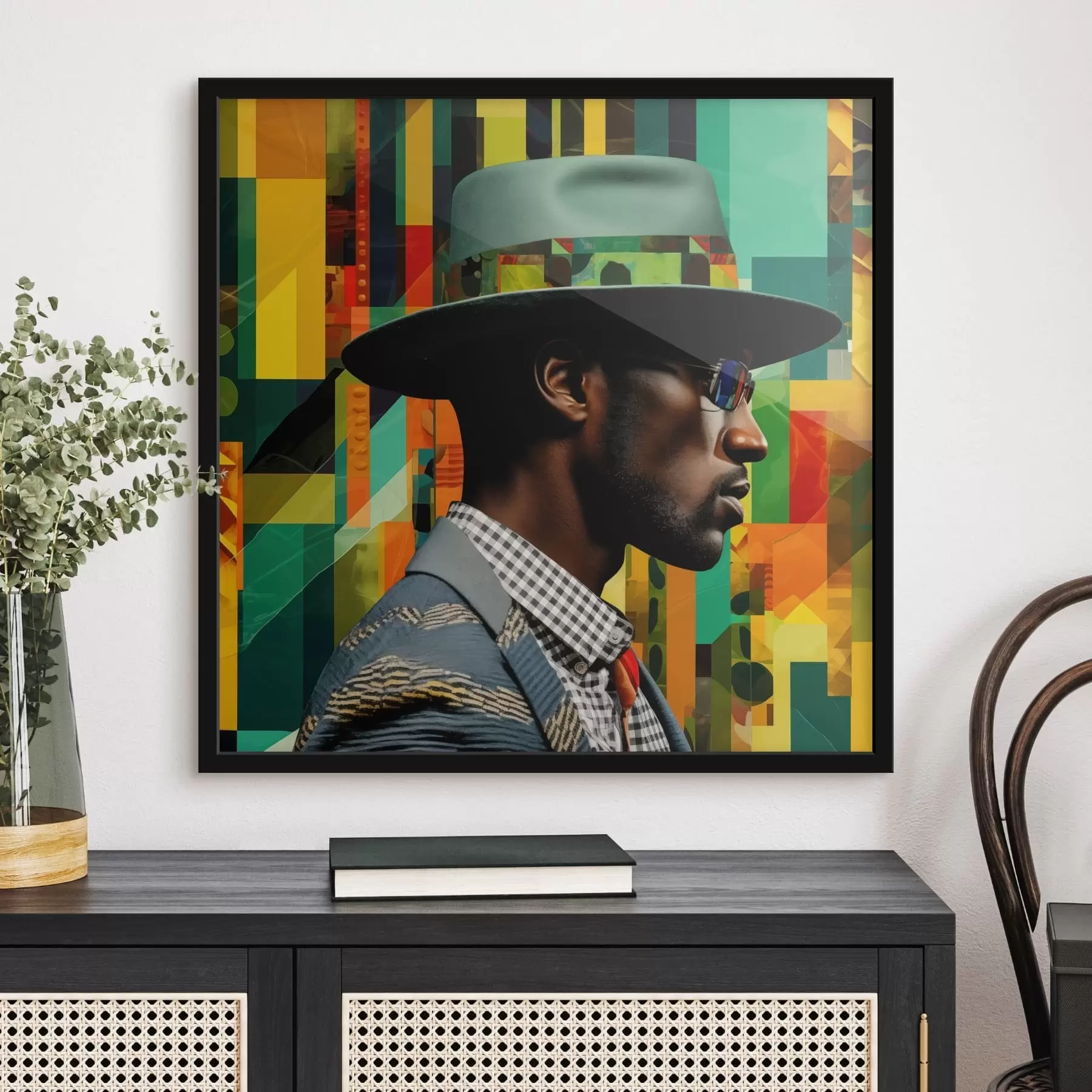 fototapet Portretul unui bărbat cu pălărie pe un fundal vibrant f48100