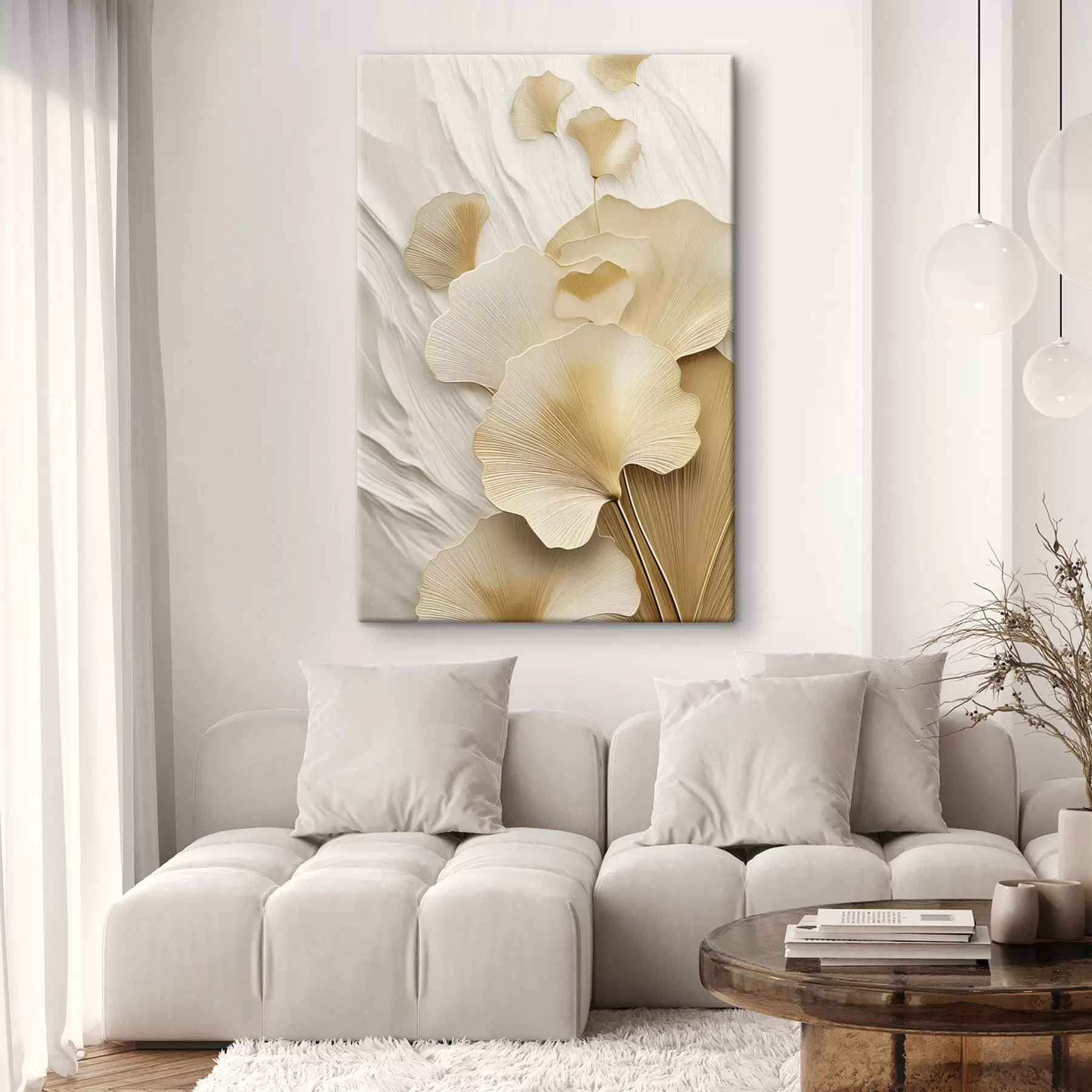 Tablouri Frunze abstracte de ginkgo pe un fundal texturat, deschis la culoare, compoziție elegantă și abstractă s47868