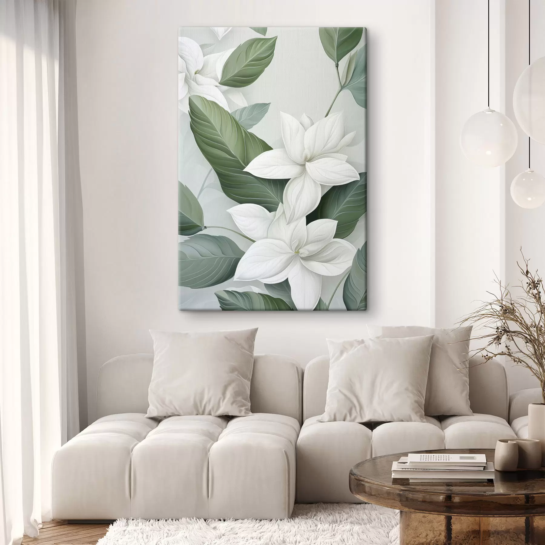 Tablouri Flori albe cu frunze verzi, fundal pastelat s47869