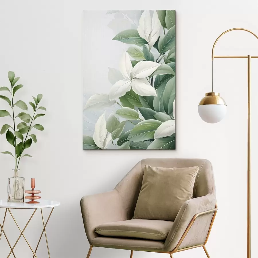 Tablouri Flori albe cu frunze verzi, fundal pastelat s47870