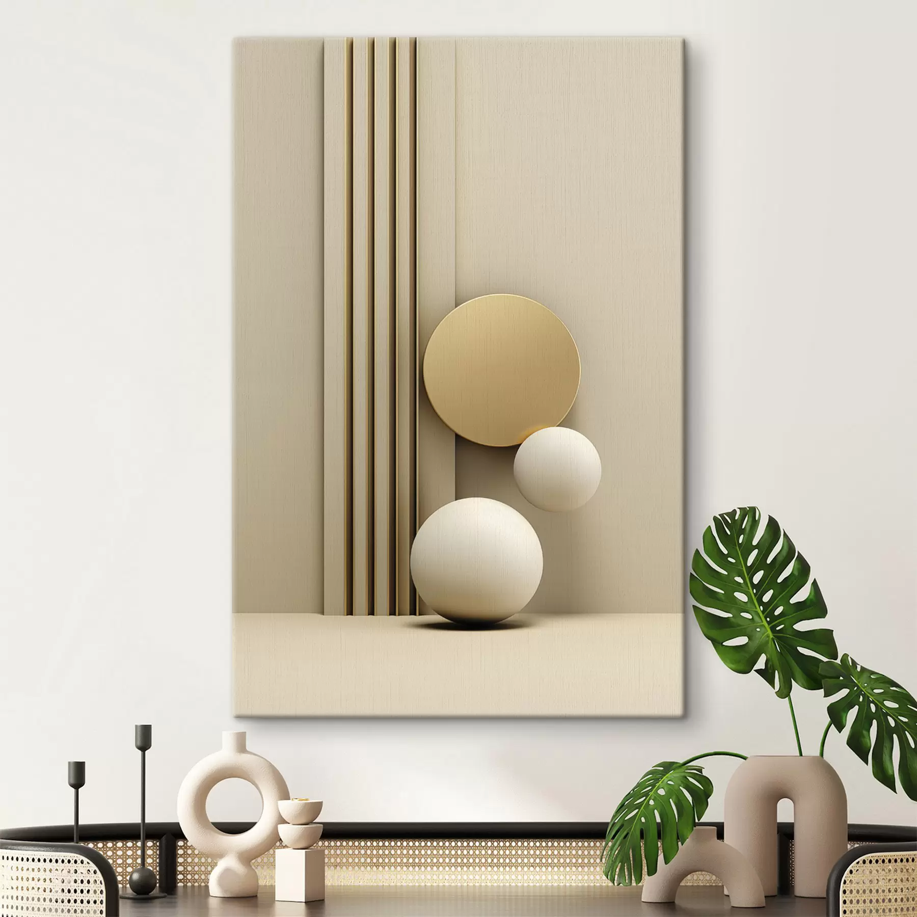 Tablouri Artă modernă abstractă în nuanțe de bej, cu linii verticale și sfere s47871