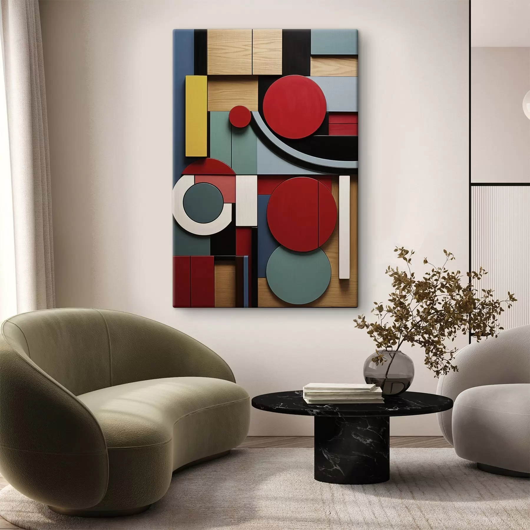 Tablouri Compoziție geometrică abstractă cu imitație de textură de lemn, dreptunghiuri și cercuri roșii, negre, albe și verde-albăstrui s47876