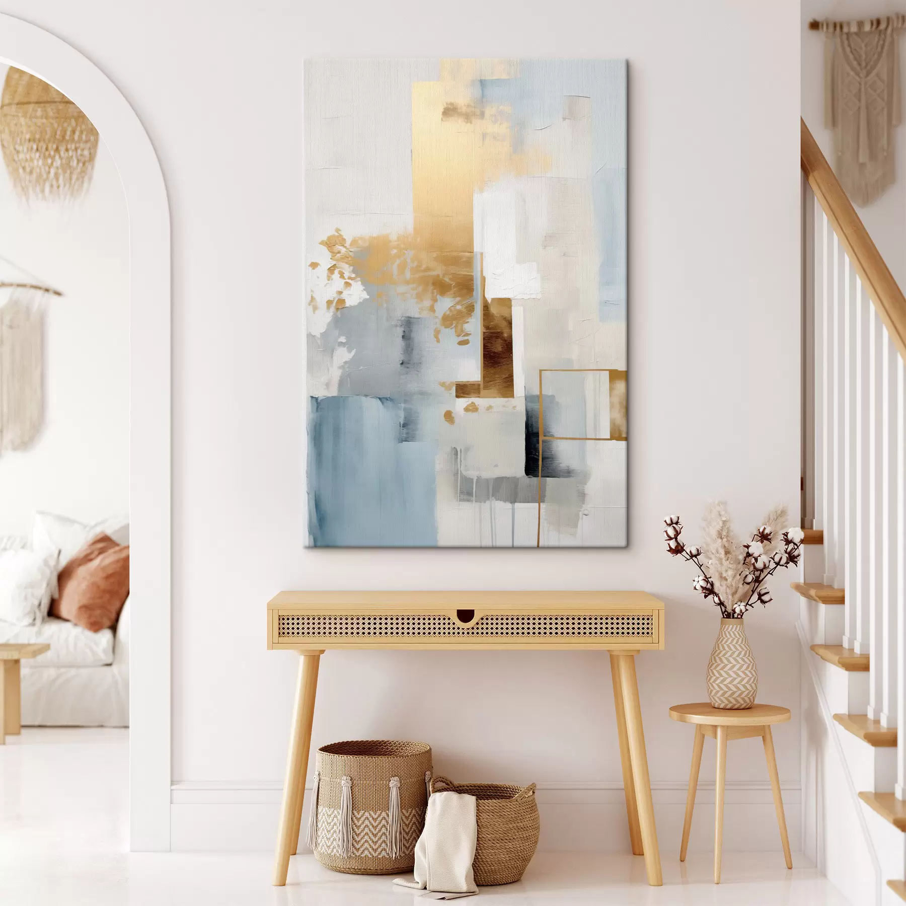 Tablouri Forme geometrice abstracte în culori galben, albastru și alb, compoziție texturată și minimalistă s47881