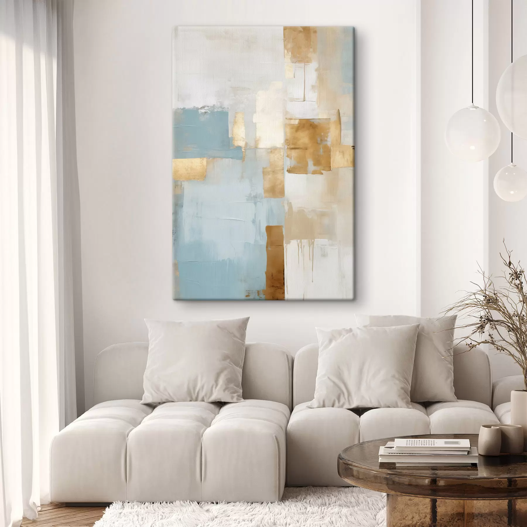 Tablouri Forme geometrice abstracte în culori galben, albastru și alb, compoziție texturată și minimalistă s47882