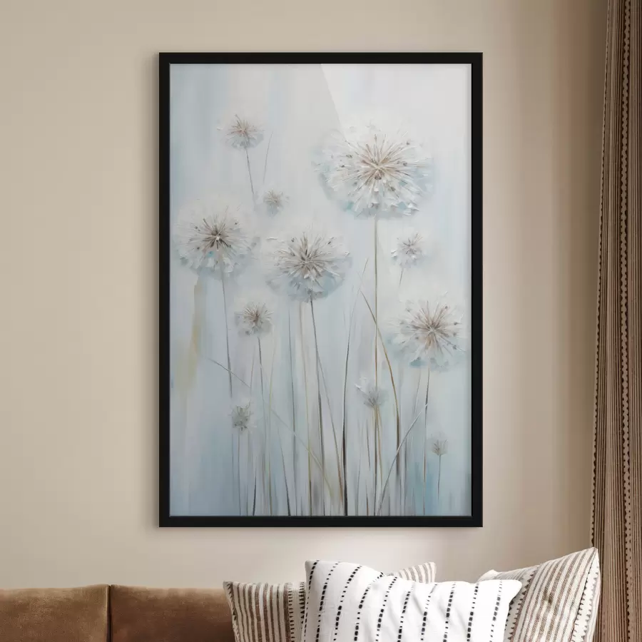 fototapet Stil de pictură texturat cu păpădii pe un fundal albastru și alb delicat f47856