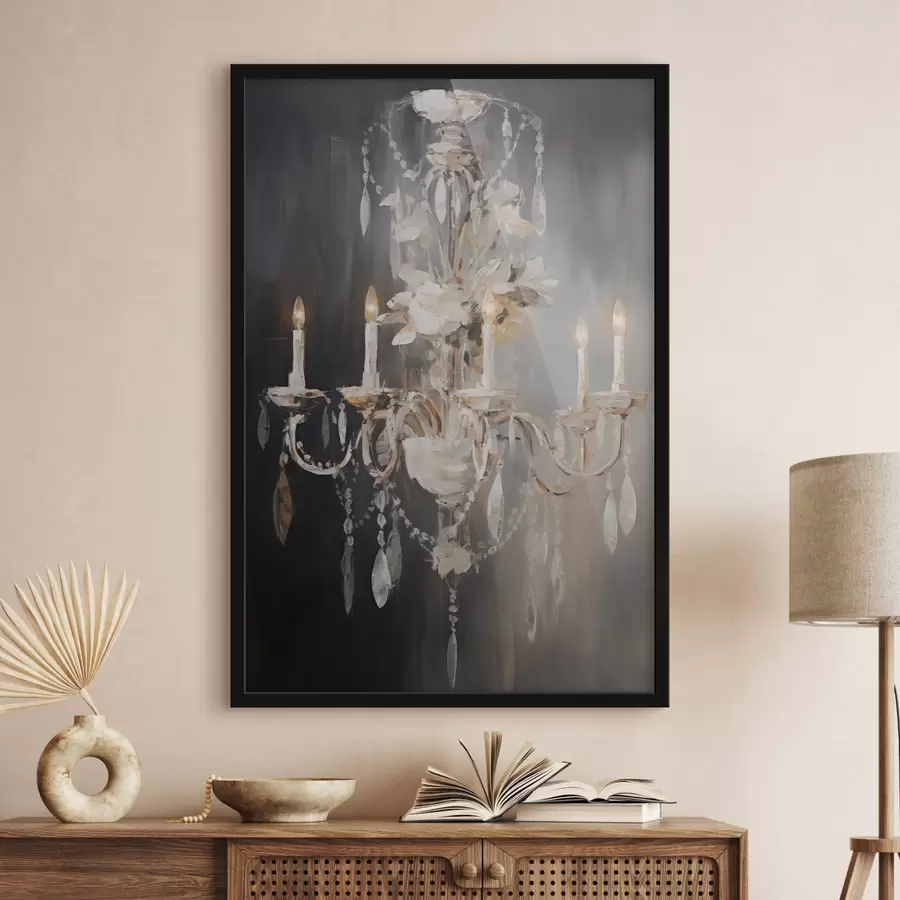 fototapet Candelabru abstract ornamentat cu lumânări aprinse și accente florale, pe un fundal întunecat, texturat f47857