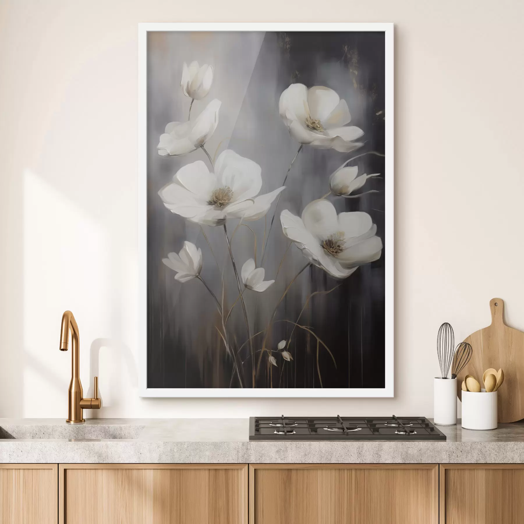 fototapet Flori albe cu mijlocul maro și tulpini subțiri pe un fundal întunecat, texturat f47858