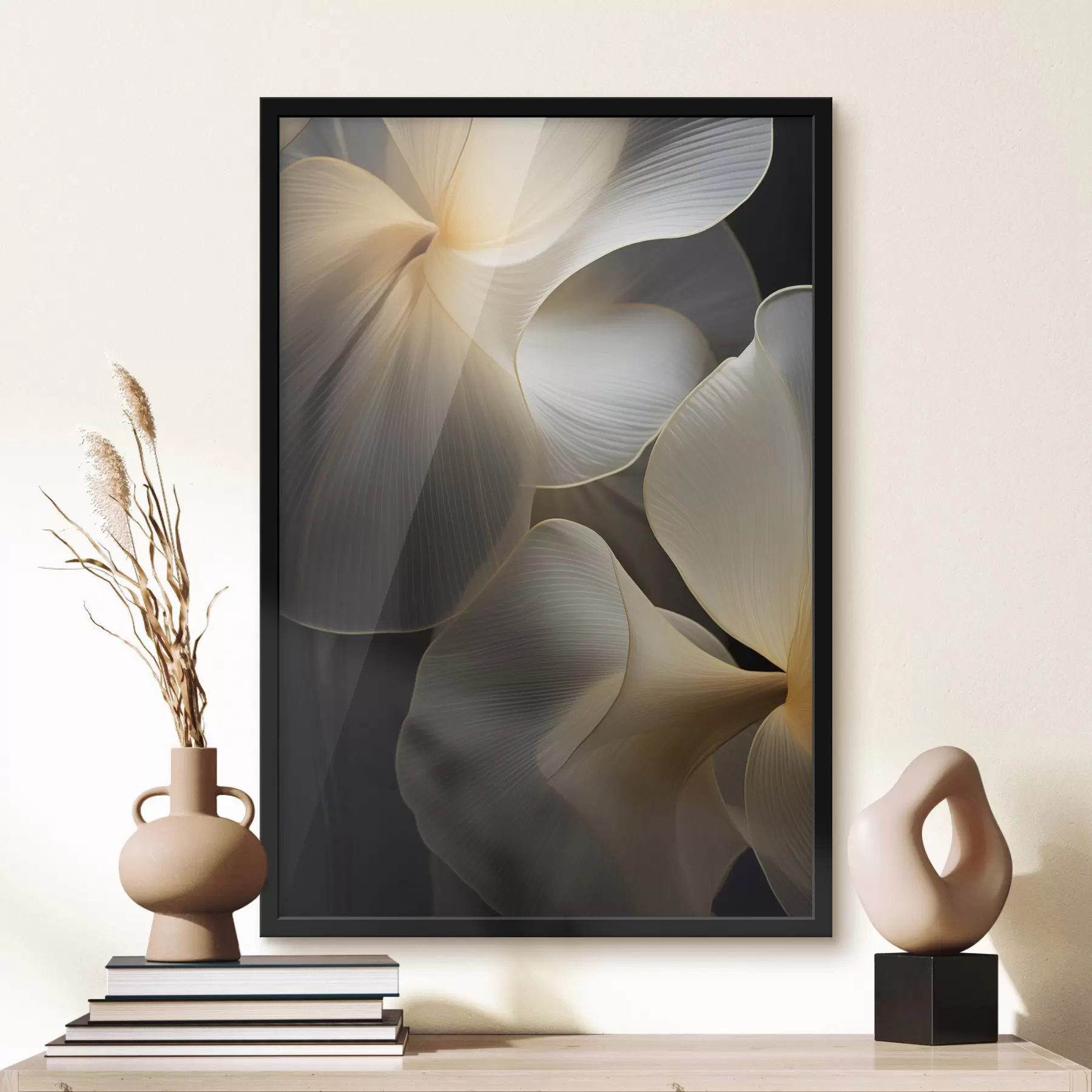 fototapet Petale abstracte, translucide, cu linii delicate, pe un fundal întunecat f47859