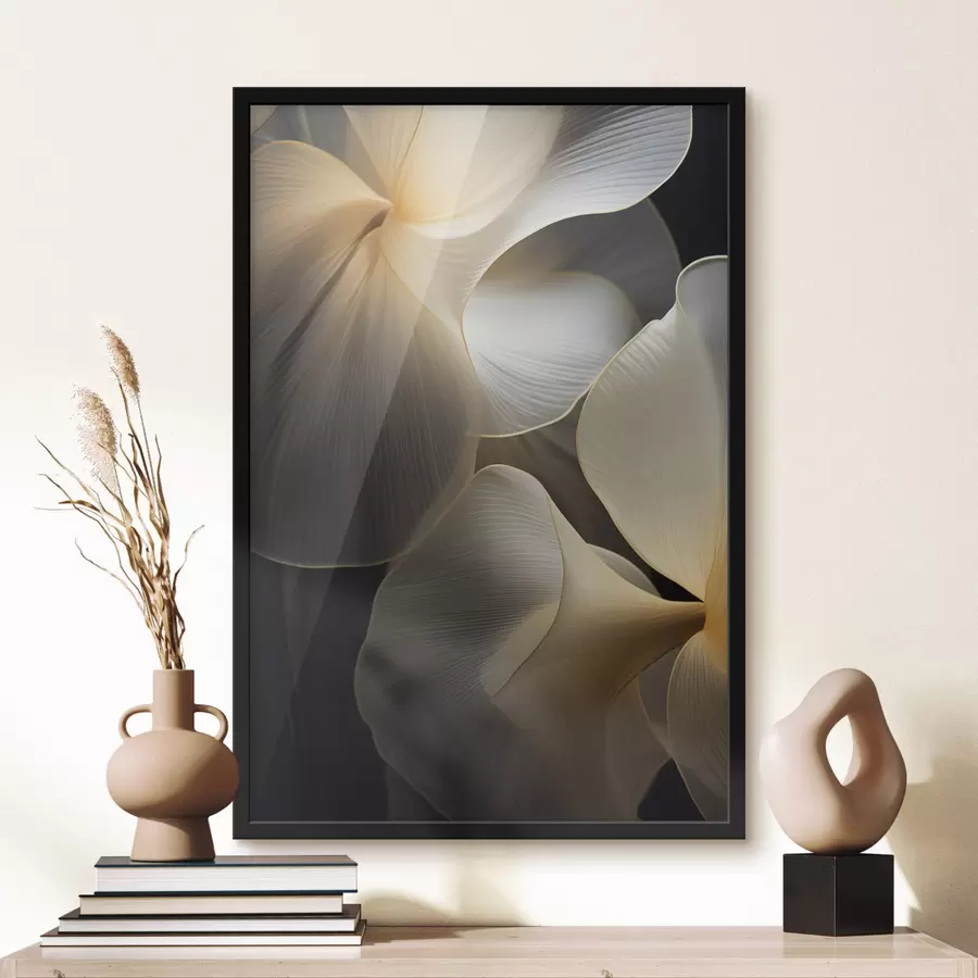 fototapet Petale abstracte, translucide, cu linii delicate, pe un fundal întunecat f47859