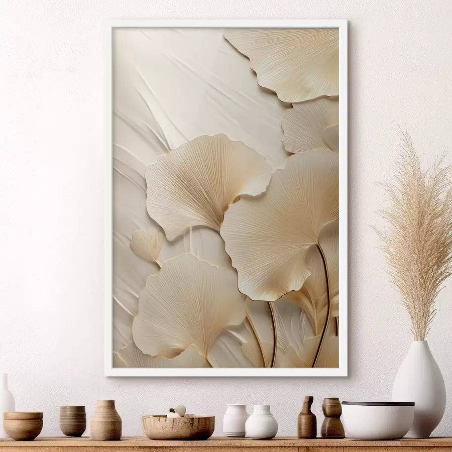 fototapet Frunze abstracte de ginkgo pe un fundal texturat, deschis la culoare, compoziție elegantă și abstractă f47867