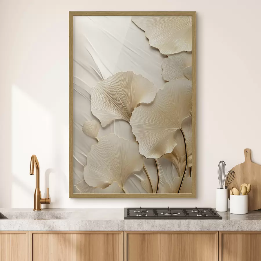 fototapet Frunze abstracte de ginkgo pe un fundal texturat, deschis la culoare, compoziție elegantă și abstractă f47867