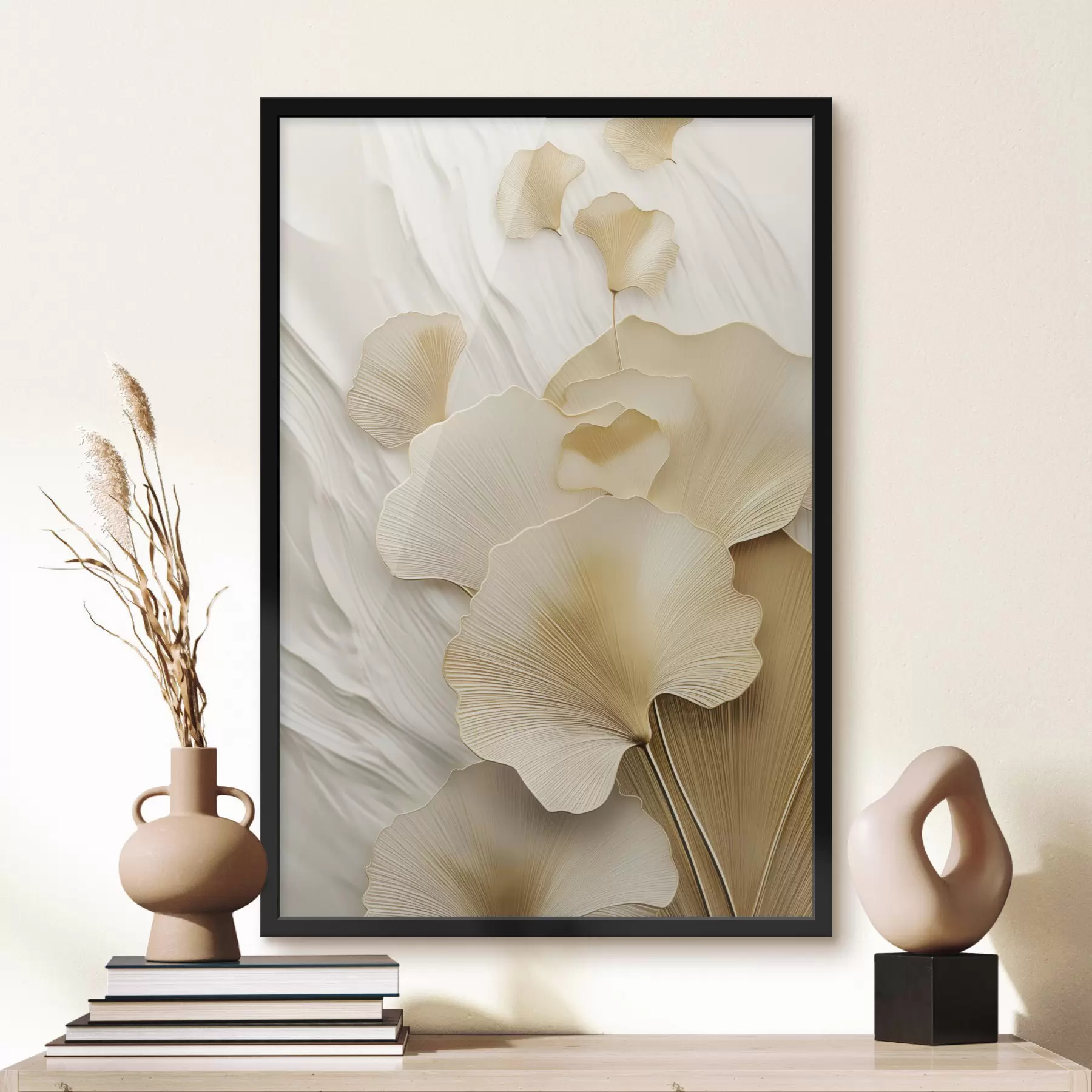 fototapet Frunze abstracte de ginkgo pe un fundal texturat, deschis la culoare, compoziție elegantă și abstractă f47868