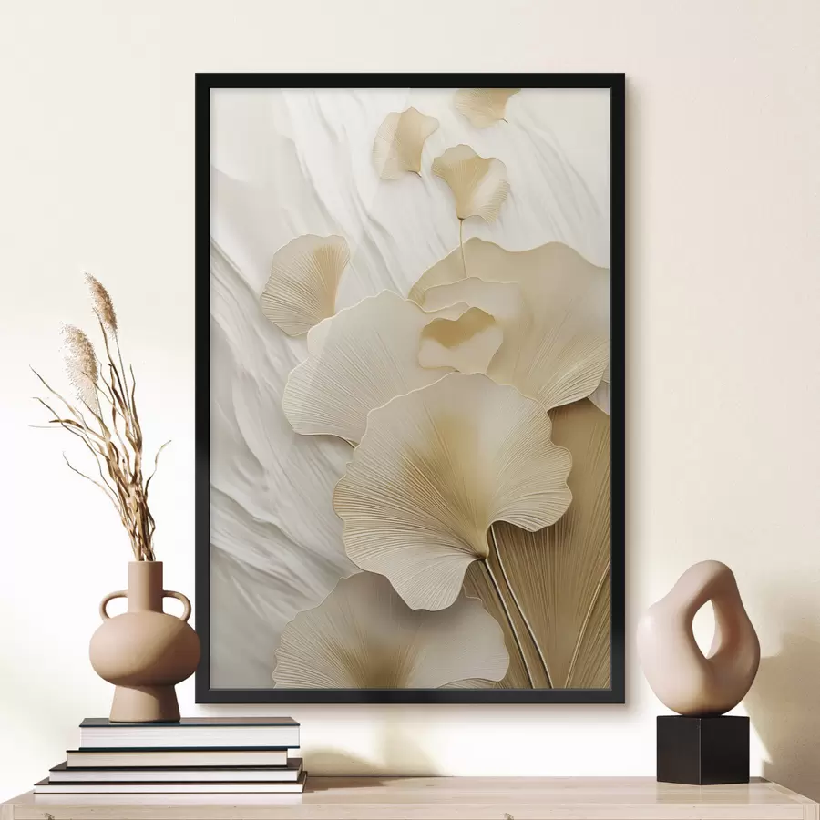 fototapet Frunze abstracte de ginkgo pe un fundal texturat, deschis la culoare, compoziție elegantă și abstractă f47868