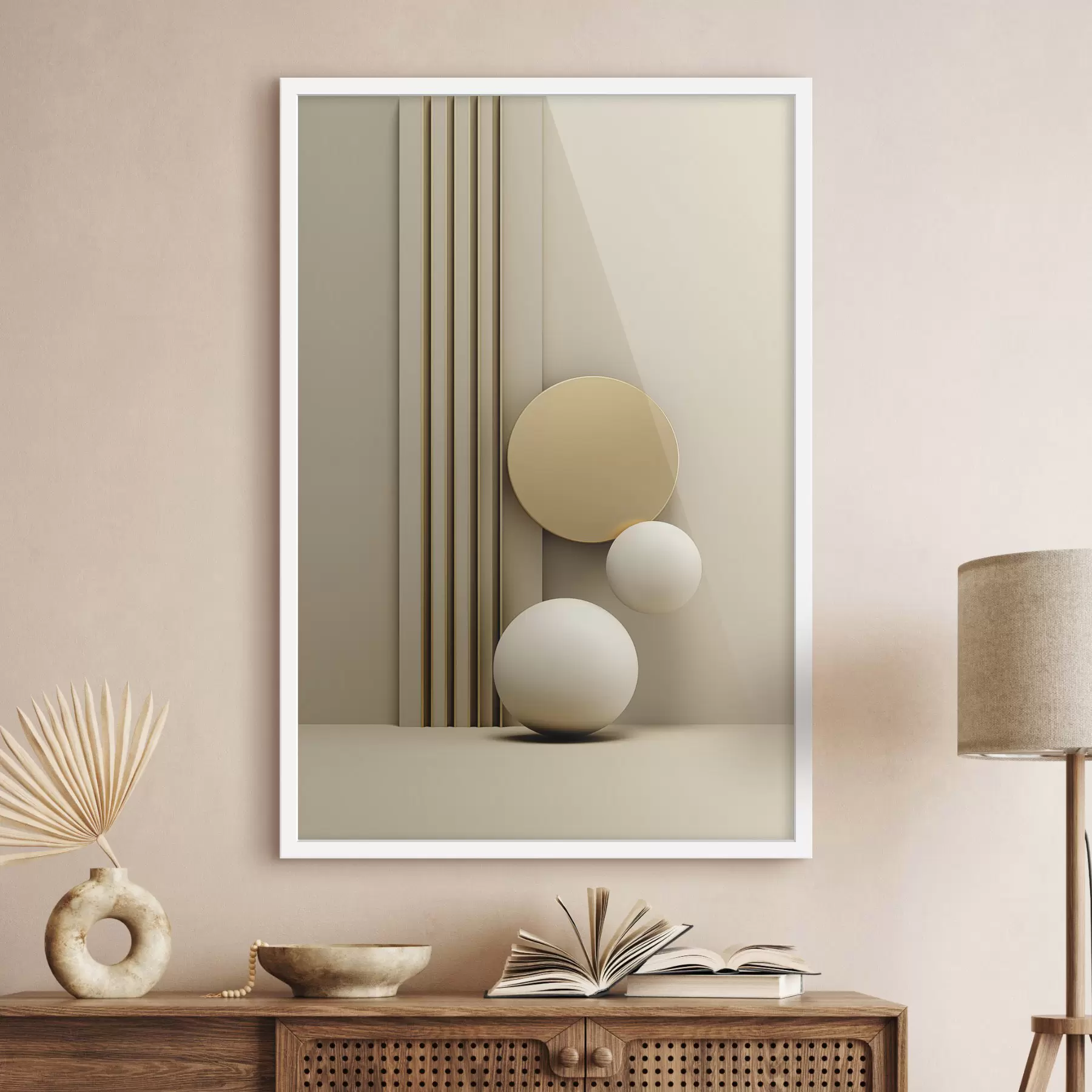 fototapet Artă modernă abstractă în nuanțe de bej, cu linii verticale și sfere f47871