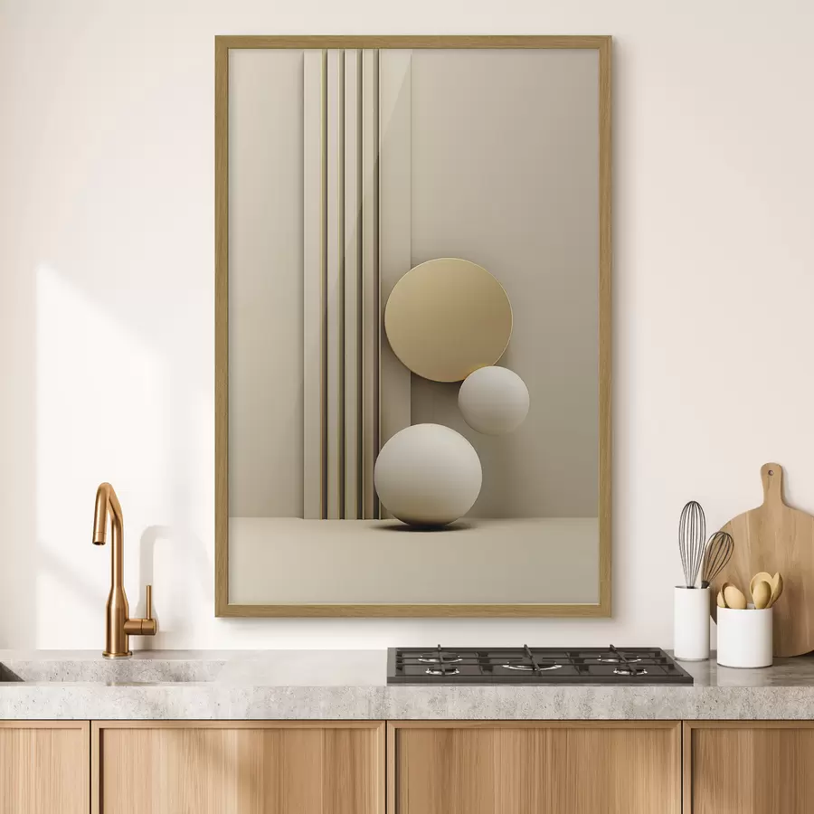 fototapet Artă modernă abstractă în nuanțe de bej, cu linii verticale și sfere f47871