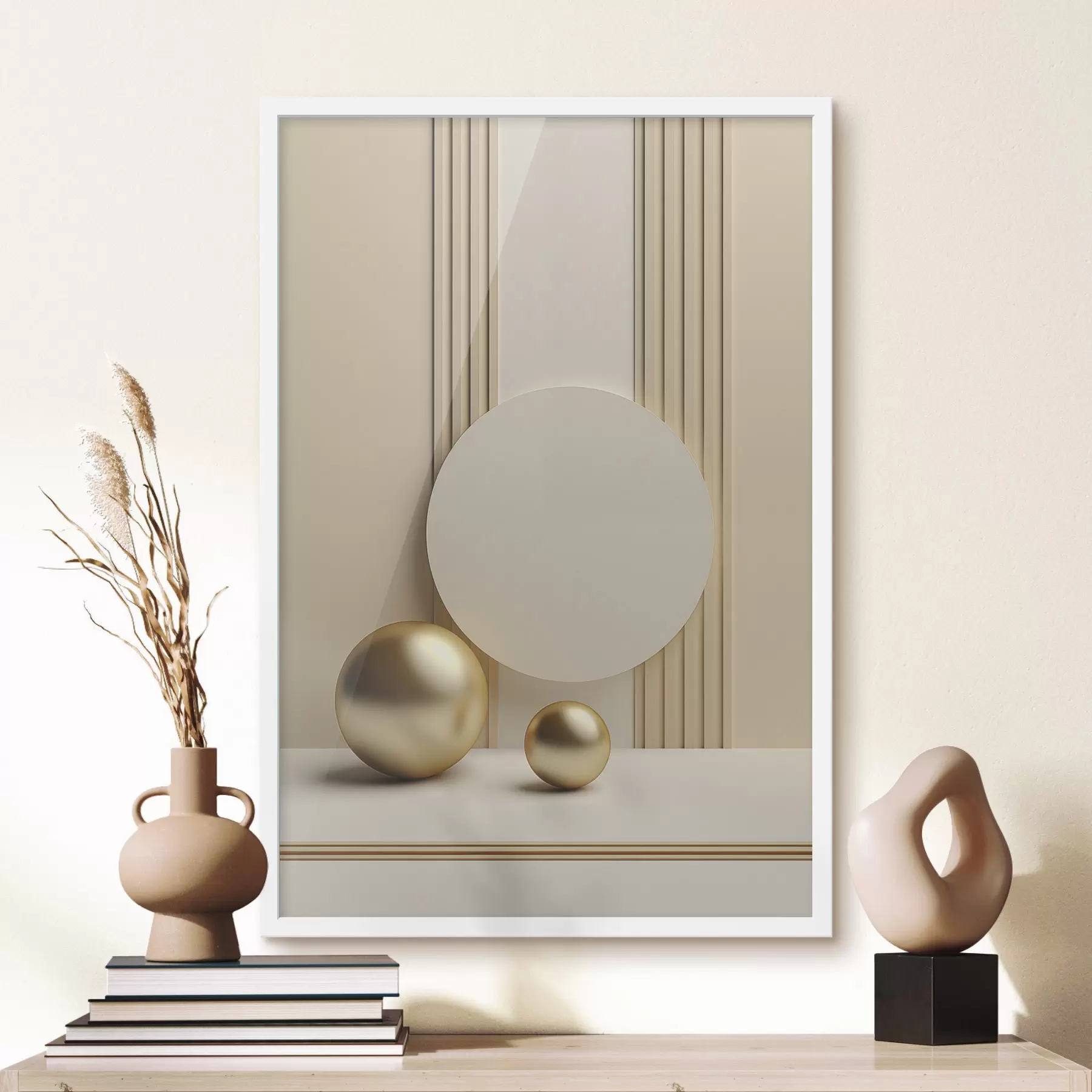 fototapet Artă modernă abstractă în nuanțe de bej, cu linii verticale și sfere f47872