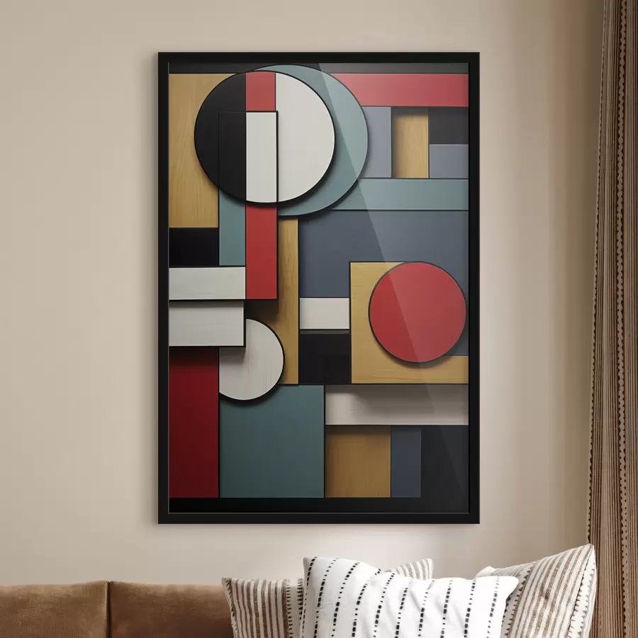 fototapet Compoziție geometrică abstractă cu imitație de textură de lemn, dreptunghiuri și cercuri roșii, negre, albe și verde-albăstrui f47875