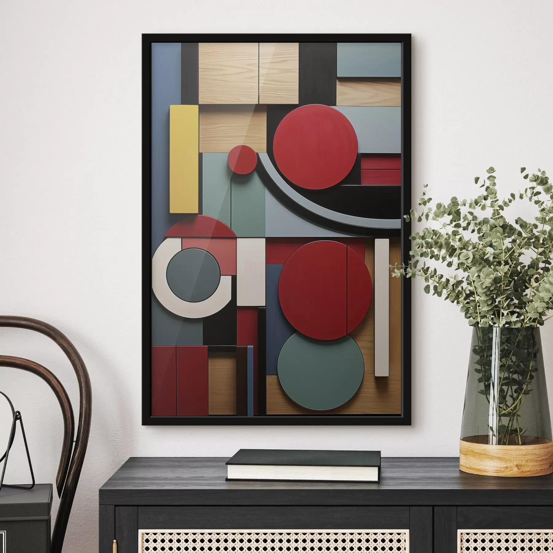 fototapet Compoziție geometrică abstractă cu imitație de textură de lemn, dreptunghiuri și cercuri roșii, negre, albe și verde-albăstrui f47876