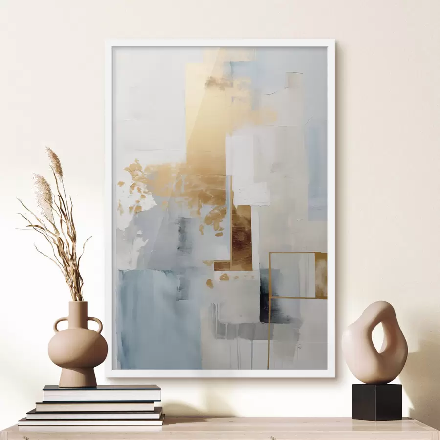 fototapet Forme geometrice abstracte în culori galben, albastru și alb, compoziție texturată și minimalistă f47881