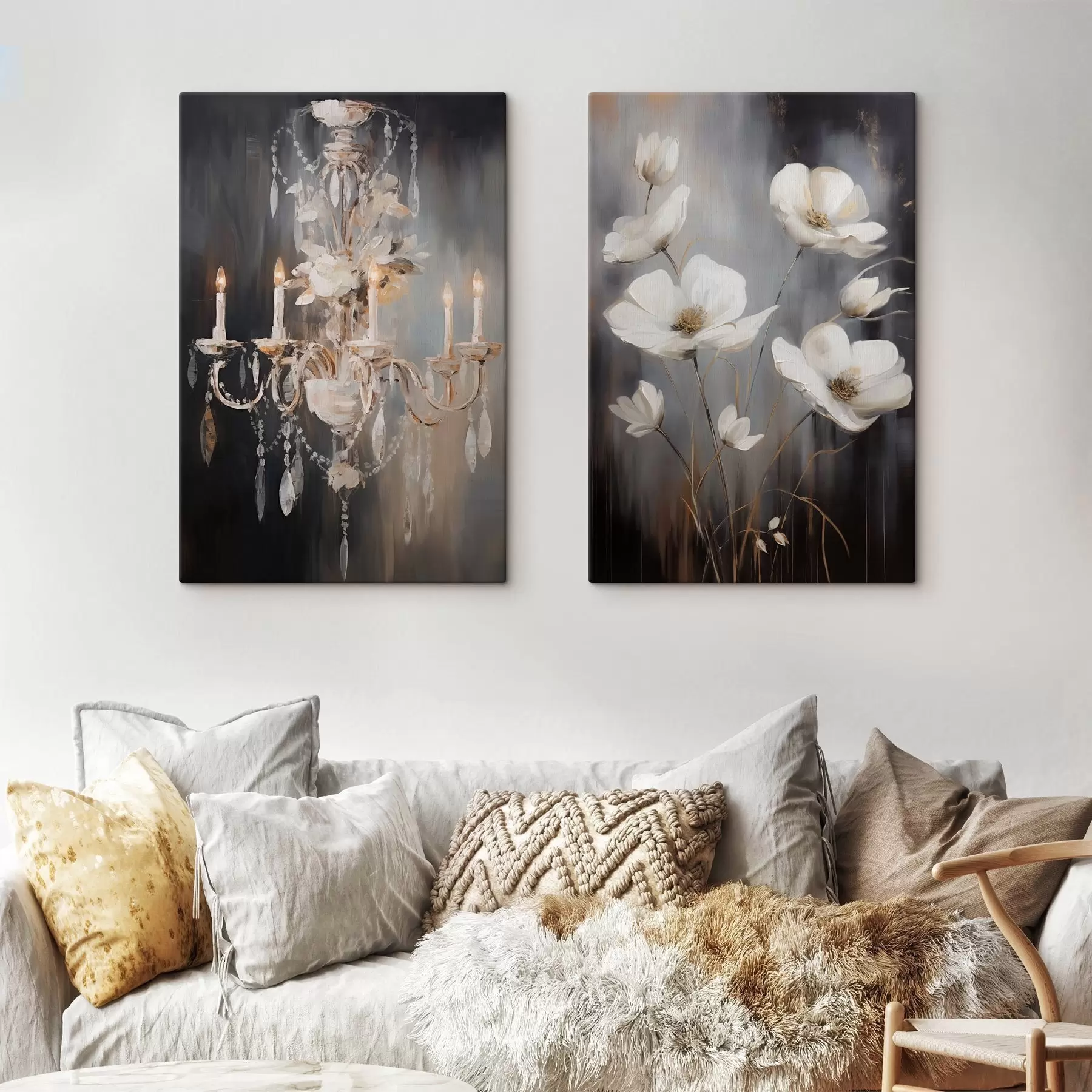 Tablouri Candelabru abstract ornamentat cu lumânări aprinse și artă florală, pe un fundal întunecat, texturat m30049