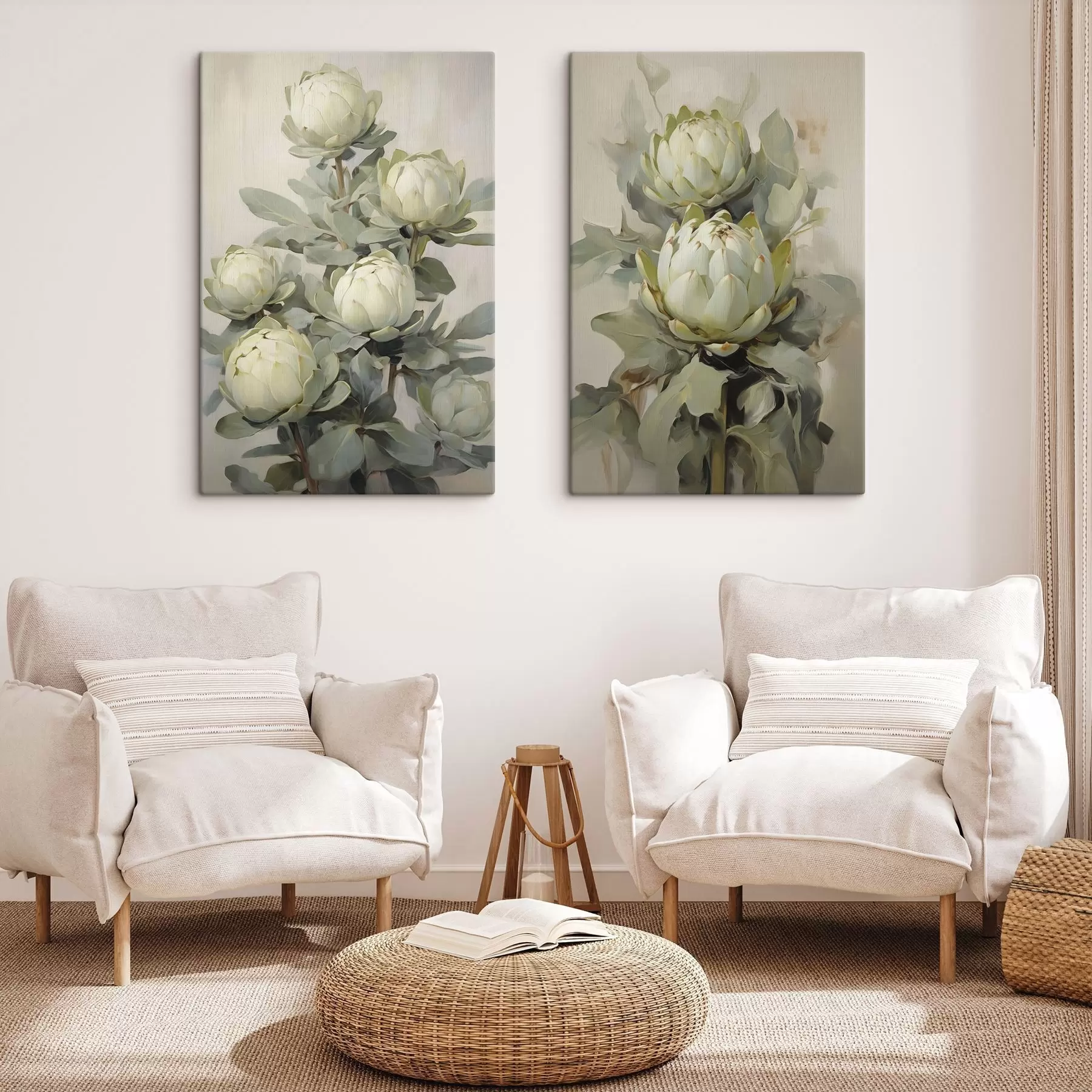 Tablouri Stil pictural reprezentând mai multe flori albe de protea cu frunze mari verzi pe un fundal deschis m30051