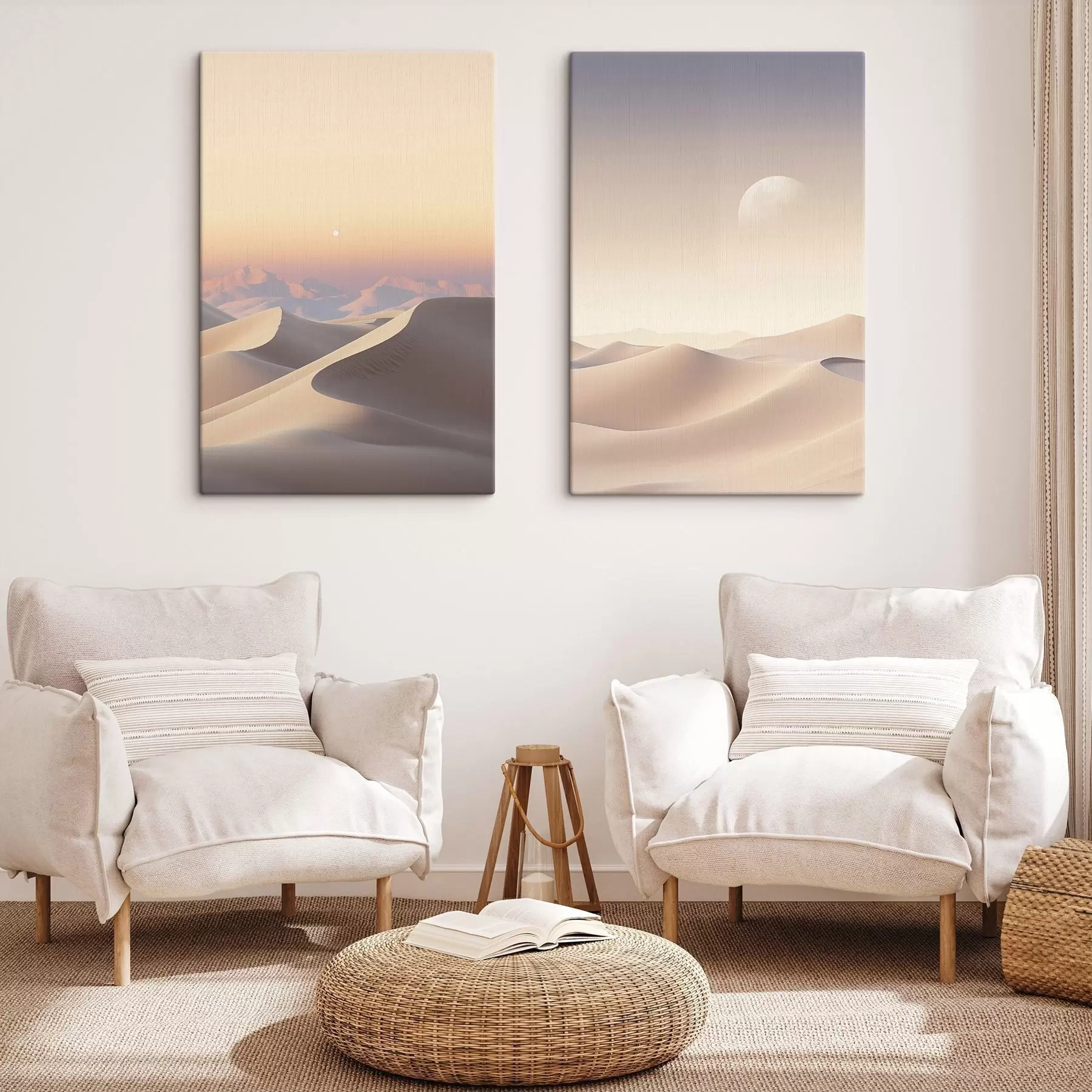 Tablouri Un peisaj deșertic cu dune de nisip ondulate sub un cer pastelat, munți îndepărtați în fundal m30053