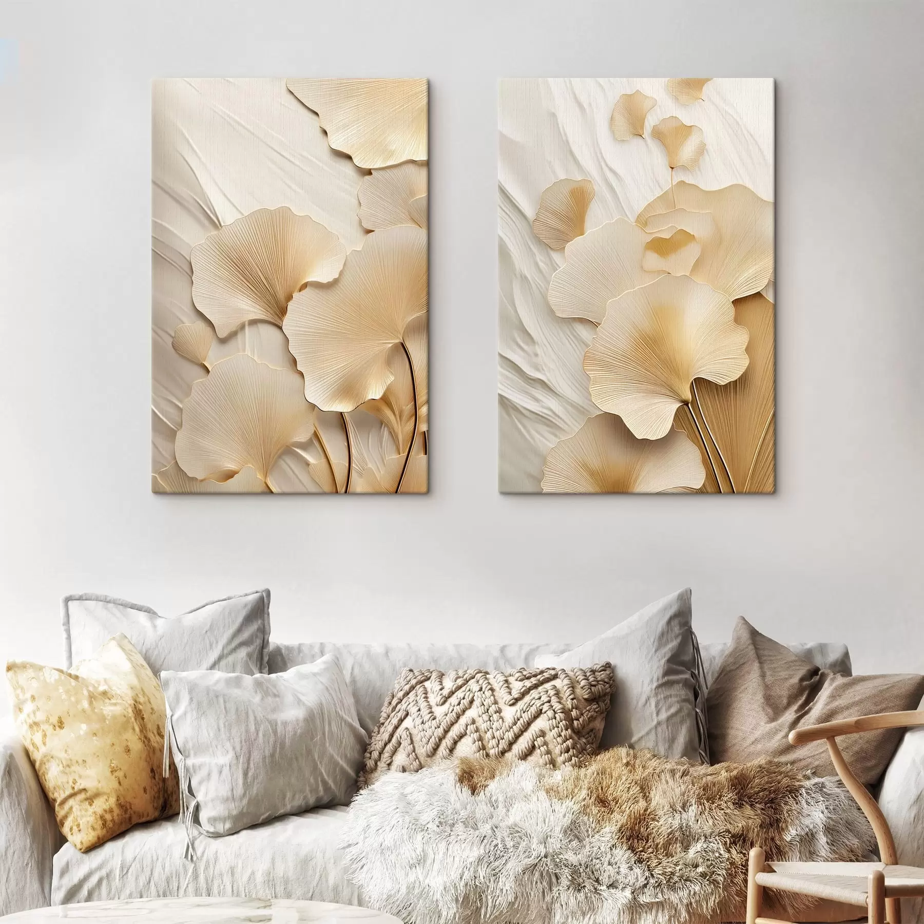 Tablouri Frunze abstracte de ginkgo pe un fundal texturat, deschis la culoare, compoziție elegantă și abstractă m30054