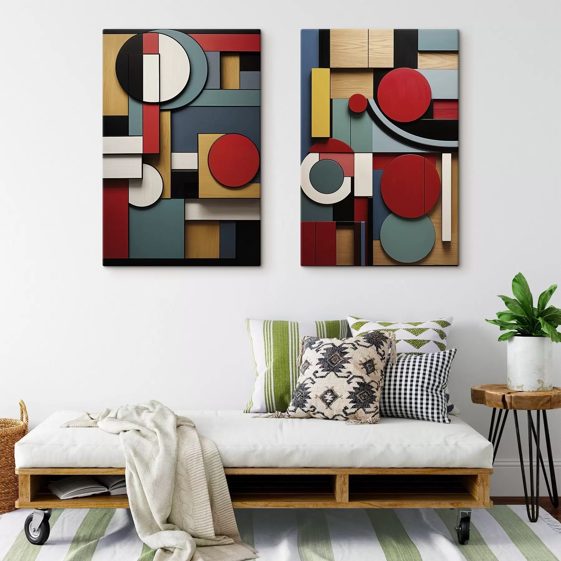 Tablouri Compoziție geometrică abstractă cu imitație de textură de lemn, dreptunghiuri și cercuri roșii, negre, albe și verde-albăstrui m30058