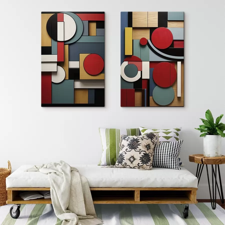 Tablouri Compoziție geometrică abstractă cu imitație de textură de lemn, dreptunghiuri și cercuri roșii, negre, albe și verde-albăstrui m30058