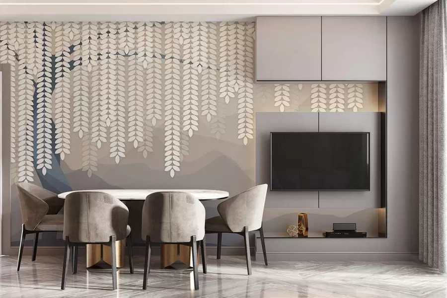 fototapet salcie stilizată cu frunze atârnate pe fundalul unor munți minimalisti în nuanțe de bej și albastru-verde w05232