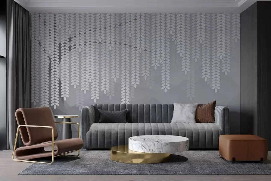 fototapet salcie stilizată cu frunze atârnate pe fundalul unor munți minimalisti în nuanțe de gri w05232v3