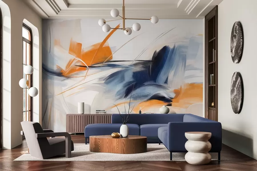 fototapet Stil de pictură abstractă cu pensule texturate în culori portocaliu și albastru w09755