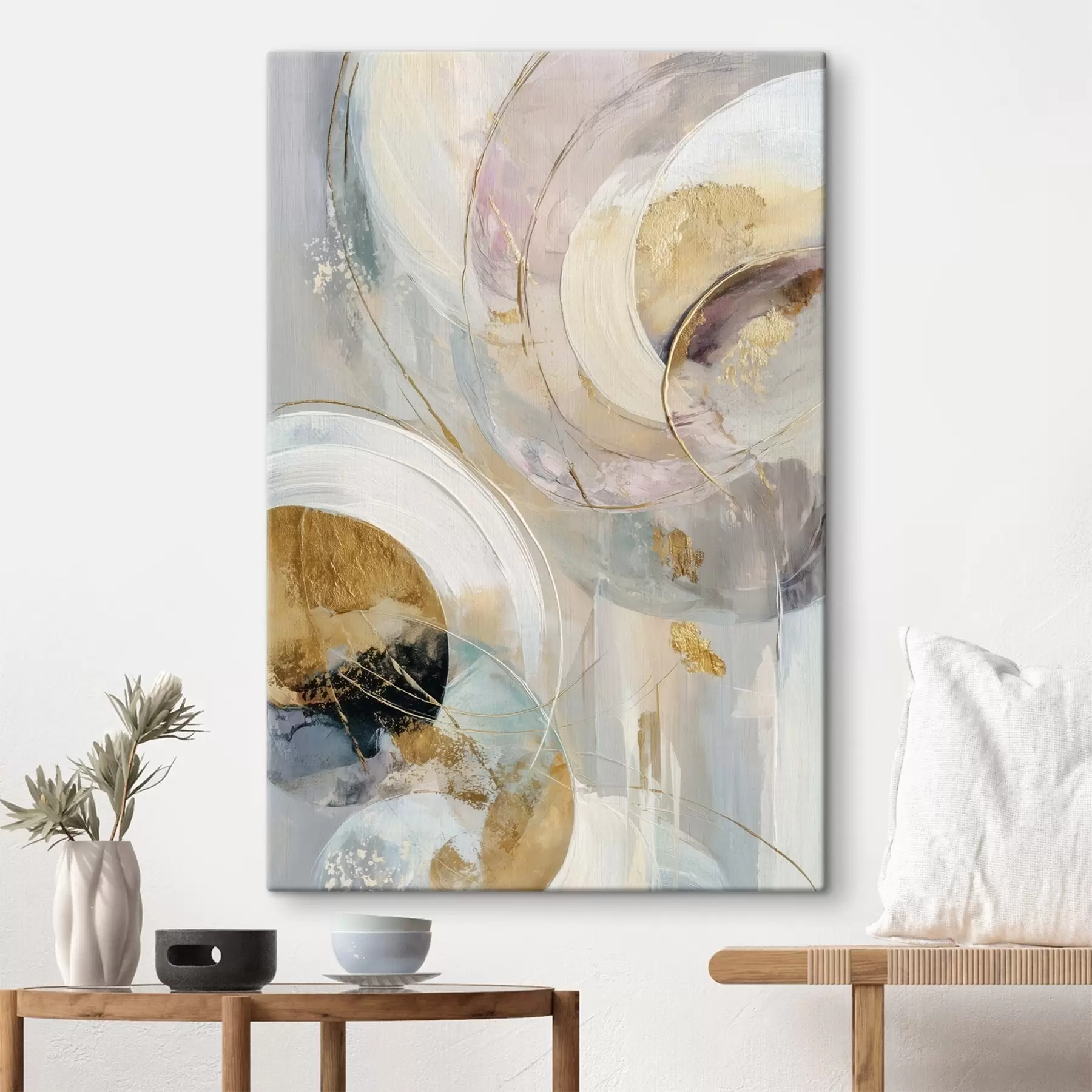 Tablouri Compoziție cu elemente circulare stratificate și tușe de vopsea s47983