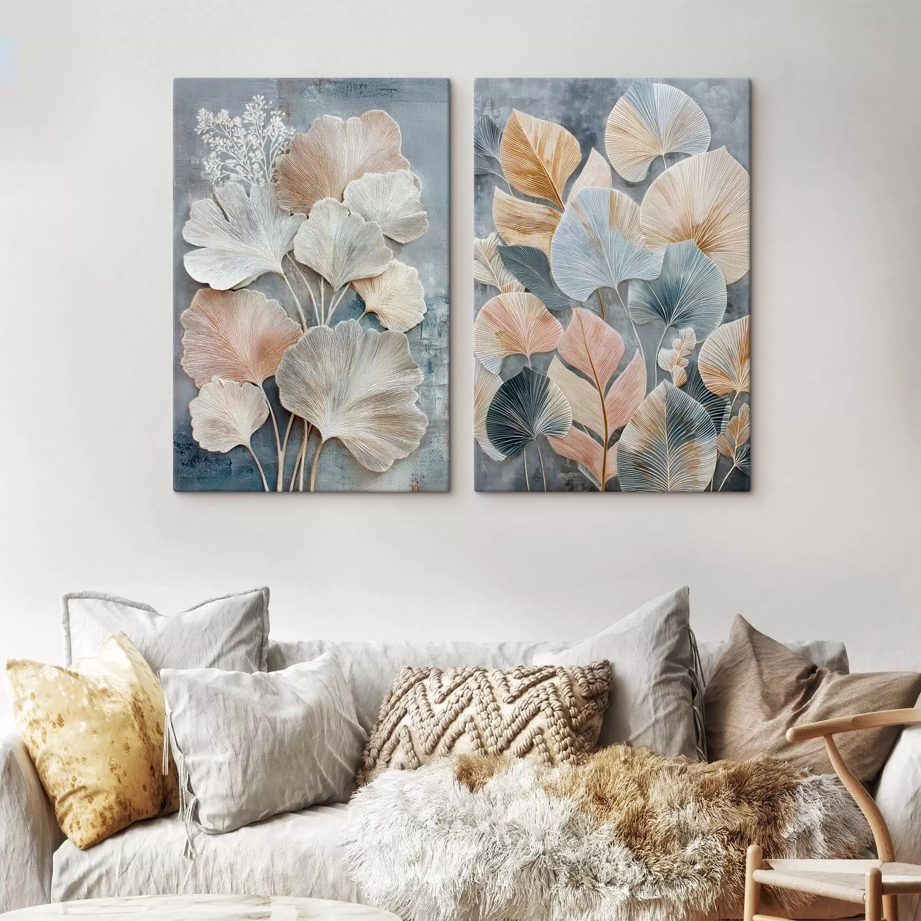 Tablouri Compoziție abstractă cu frunziș decorativ într-o paletă de culori gri-bej m30030