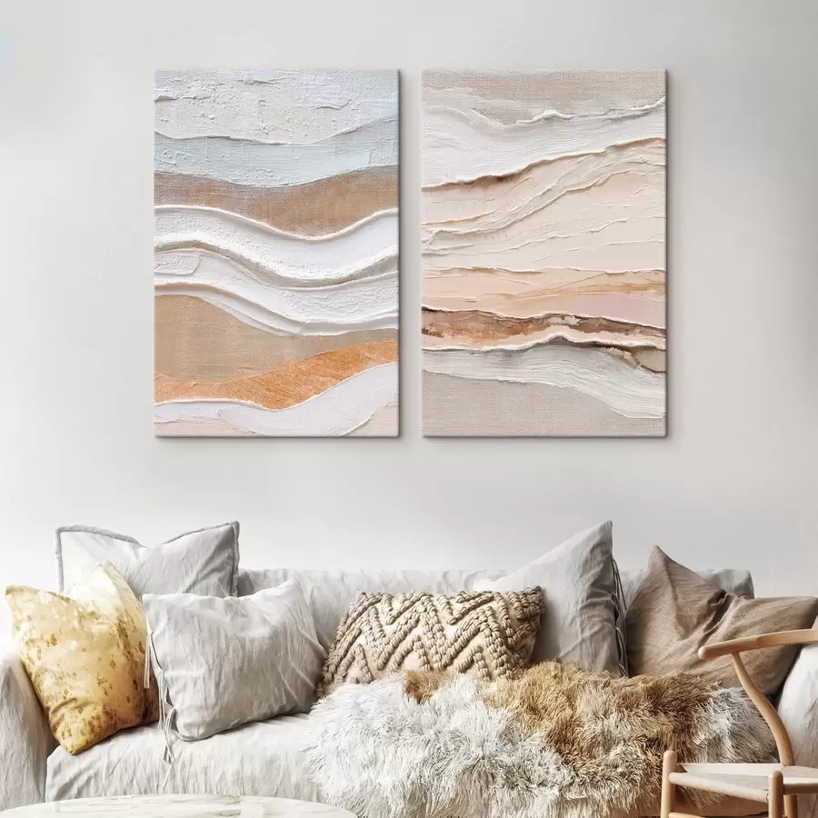 Tablouri Diptic minimalist cu valuri texturate pe fundal de in m30031