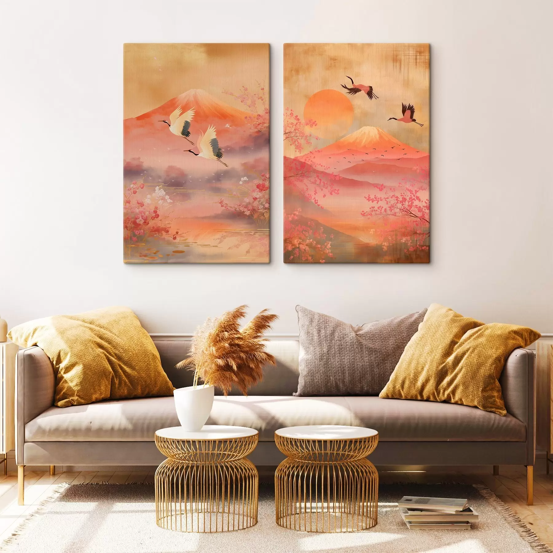 Tablouri Peisaj japonez cu cocori și Muntele Fuji într-un stil ilustrativ clasic m30042