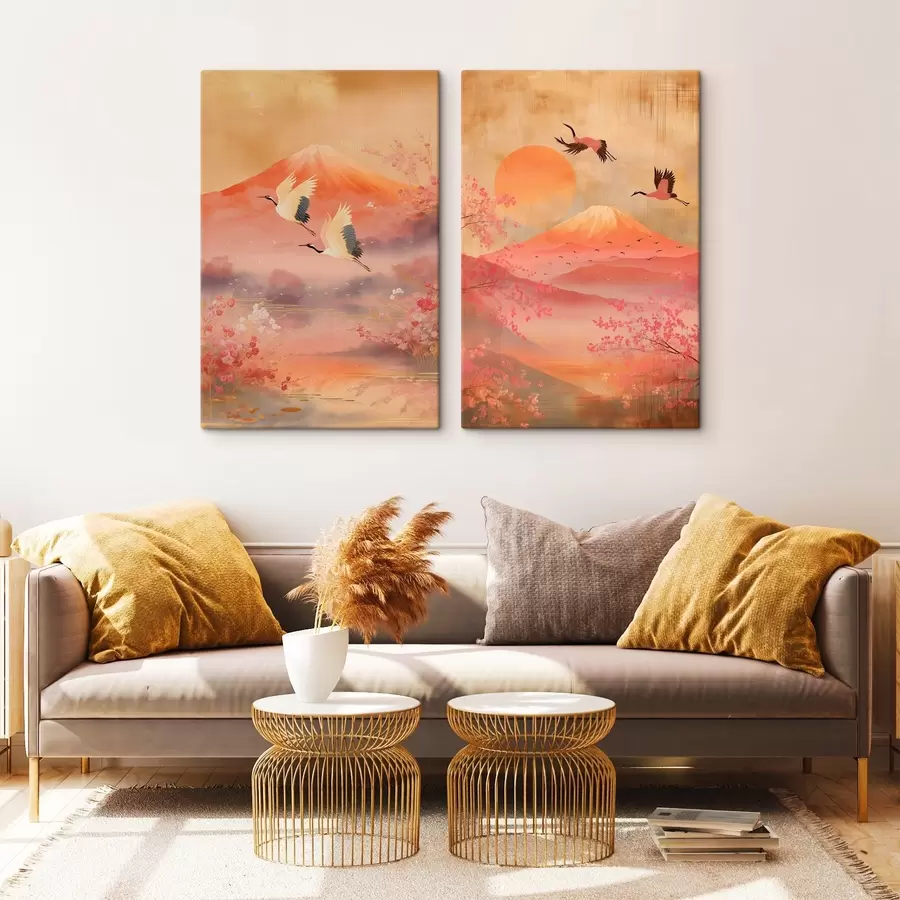 fototapet Peisaj japonez cu cocori și Muntele Fuji într-un stil ilustrativ clasic m30042