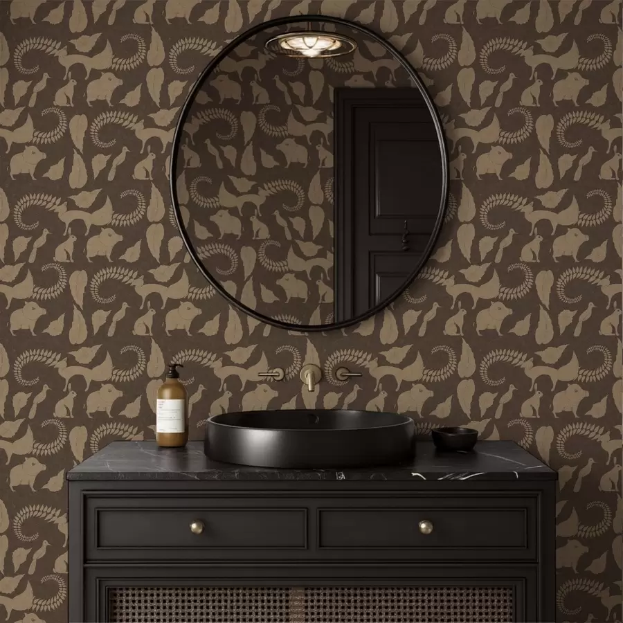 fototapet Model forestier cu animale pe fundal maro a01121