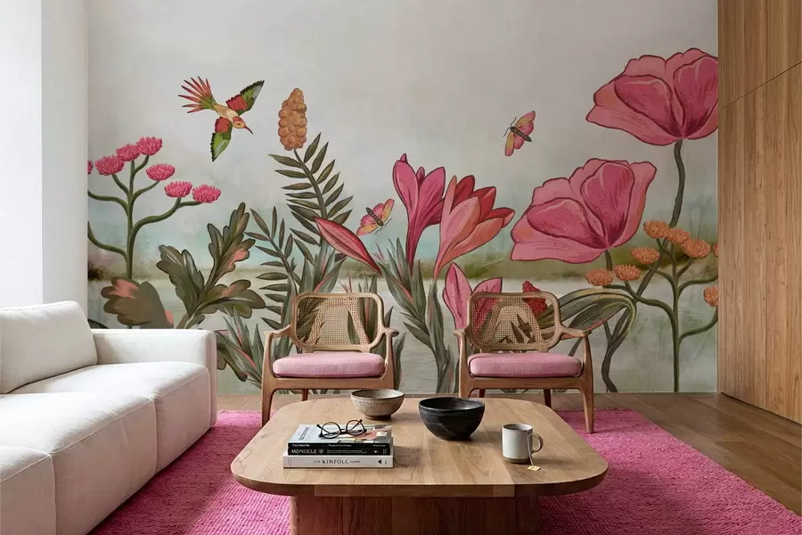 fototapet Flori strălucitoare cu păsări și fluturi w05321