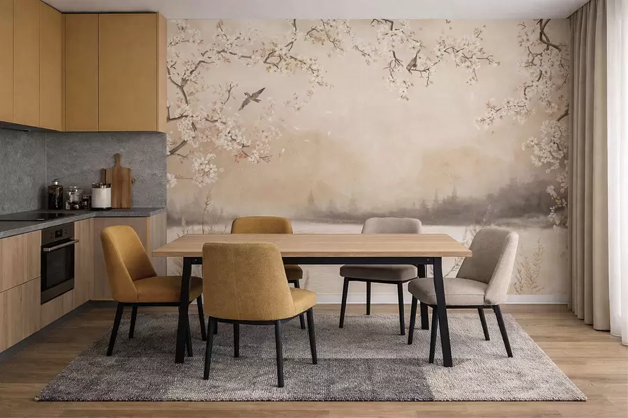 fototapet Ramuri delicate înflorite lângă lac, cu păsări în ceață ușoară w05155